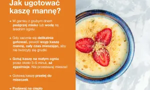 Miseczka kaszy manny z truskawkami i okruszkami.