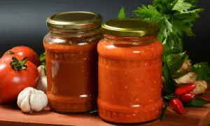 Dwa słoiki sosu pomidorowego z dodatkami: pomidory, czosnek, papryczki chili, imbir i zioła.