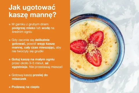 Miseczka kaszy manny z truskawkami i okruszkami.