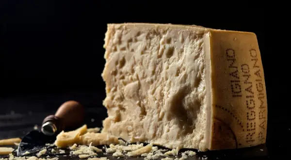 Kawałek parmezanu z widocznym napisem "Parmigiano Reggiano" i okruchy sera.