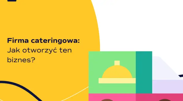 Ilustracja z logo i tekstem "Firma cateringowa: Jak otworzyć ten biznes?" oraz stylizowaną ciężarówką dostawczą.
