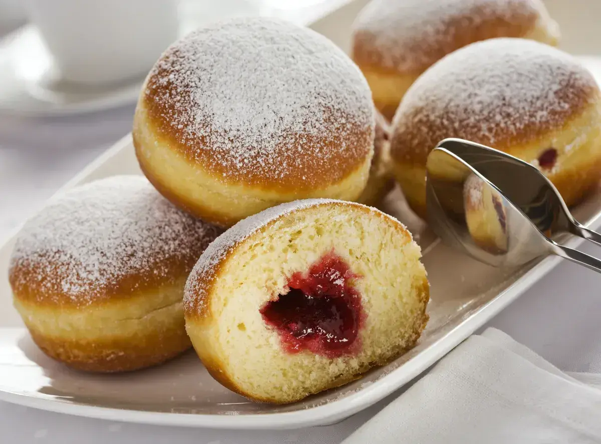 Pączki z dżemem posypane cukrem pudrem na białym talerzu.