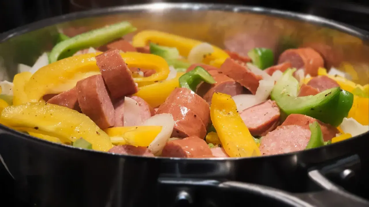 Kiełbasa z papryką i cebulą smażona na patelni.