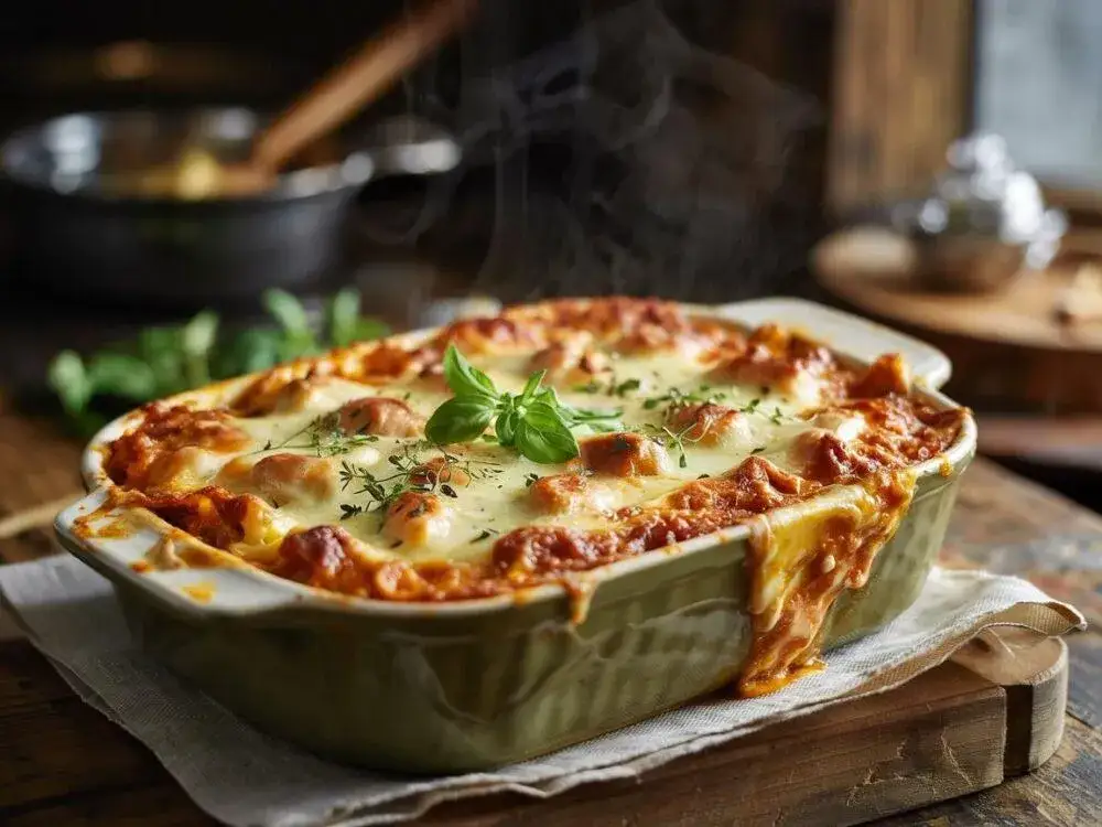 idealnie ułożona lasagne przed pieczeniem